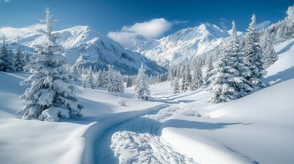 Obraz premium A serene winter landscape featuring snow-covered mountains, frosty trees, and a winding path through a pristine snowfield under a clear blue sky.