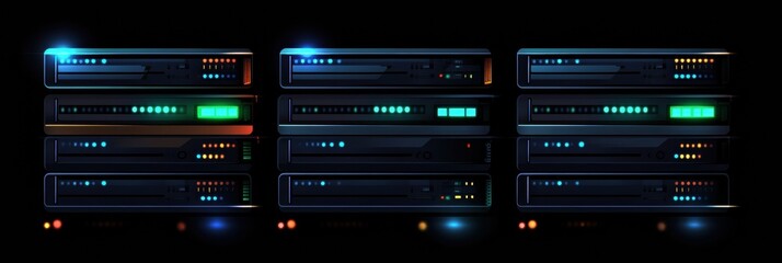 Fototapeta premium A series of server racks display blinking lights, indicating ongoing data processing and network activity in a digital environment. Generative AI