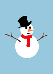 Logo snowman. Banner con cara de muñeco de nieve con sombrero, bufanda, brazos de madera y nariz de zanahoria