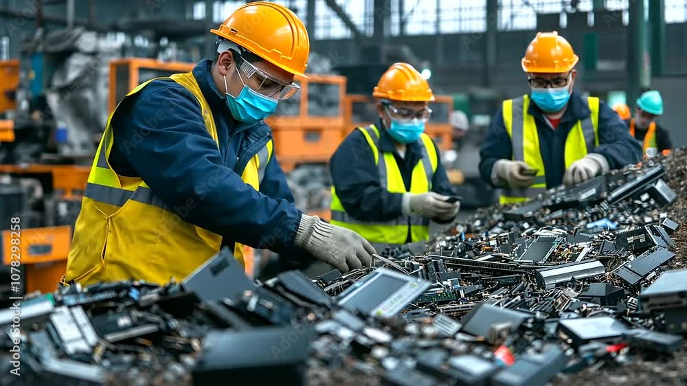Poster workers in safety helmets and gloves operate machinery at an e-waste recycling facility, sorting thr