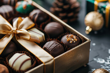 National Chocolate Candy Day. An exquisite assortment of luxury chocolates in a golden gift box adorned with a golden bow, placed in a festive setting with holiday decorations, perfect for gifting.
