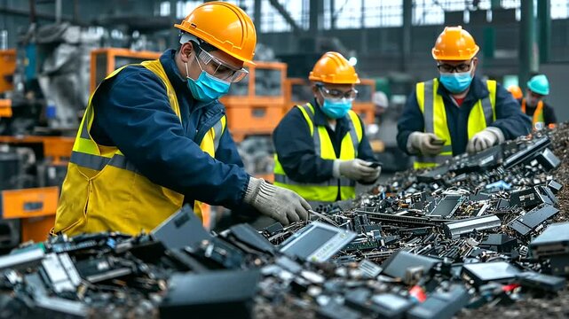 Workers in safety helmets and gloves operate machinery at an e-waste recycling facility, sorting through heaps of discarded electronics and categorizing the materials for proper re