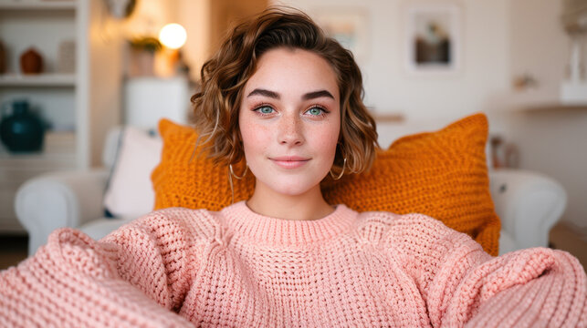 National Call a Friend Day. A young woman with bright eyes and a friendly smile, dressed in cozy knitwear, sits comfortably indoors, exuding warmth and a welcoming charm.  - Powered by Adobe