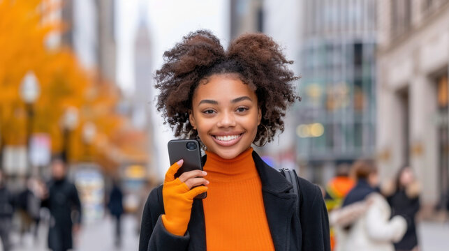 National Call a Friend Day. Candid shot of a smiling young woman with curly hair, holding her smartphone on a vibrant autumn city street, wearing a stylish orange top and black coat - Powered by Adobe