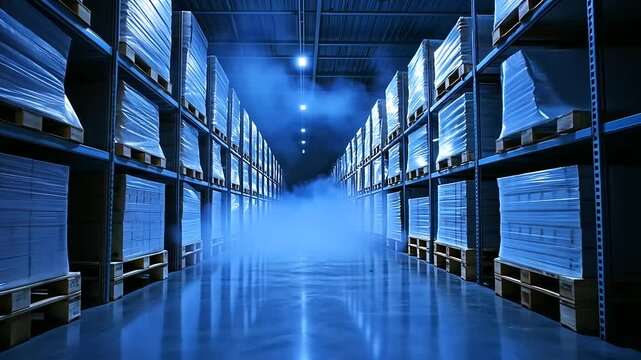 A vast temperature-controlled cold room, with neatly stacked pallets of goods on metal shelves, illuminated by cool blue lighting, the chilled air visible as mist swirling between