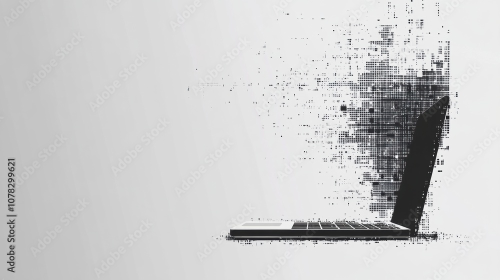 Poster a sleek laptop emits pixel elements that gradually dissolve into fragments, illustrating the concept