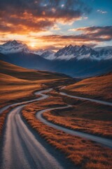 Naklejka premium Winding Mountain Road in Misty Morning Light with Dramatic Scenery
