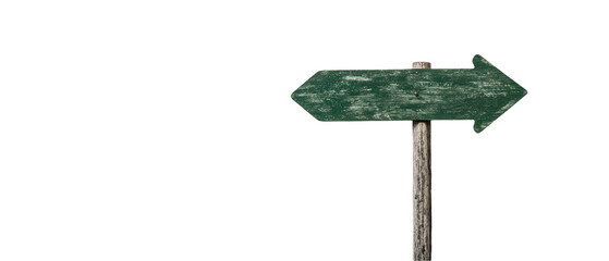 A green arrow pointing to the right on a wooden post. transparent background