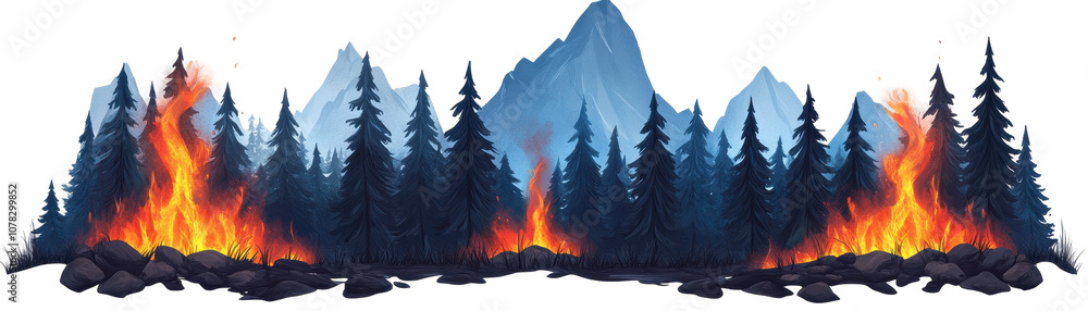 Poster a forest with a mountain range in the background. transparent background