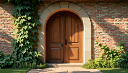 Fototapeta premium Elegant Wooden Archway Doorway with Brick Wall and Lush Vines