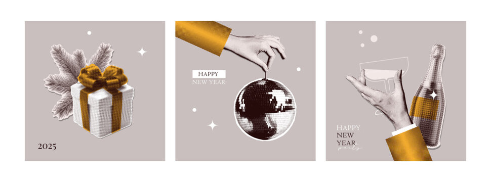 Halftone 2025 New Year retro square covers set. Retro Collage with hand, champagne, mirror ball, gift box. Vintage vector design.
