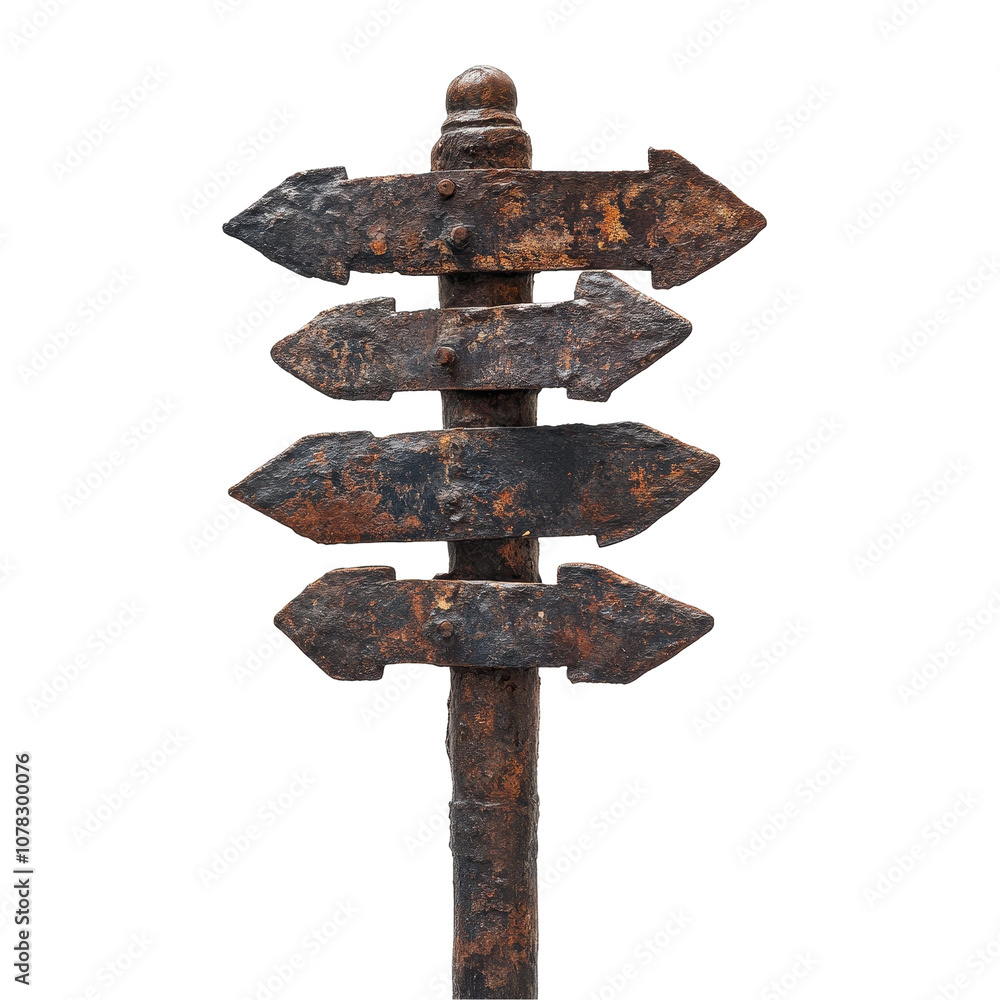 Poster a rusty metal sign with four arrows pointing in different directions. transparent background