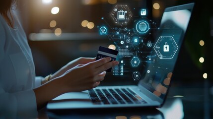 Woman holding a credit card and typing on a laptop, engaging in online shopping, with icons of digital payment security in the background