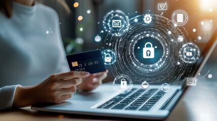 Woman holding a credit card and typing on a laptop, engaging in online shopping, with icons of digital payment security in the background