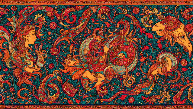 a Bhil art-inspired motif featuring mythical creatures and traditional symbols, filled with dot patterns and bright, contrasting colors