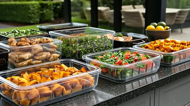 An organized meal prep display featuring Tupperware containers filled with a variety of colorful and nutritious meals, such as grilled chicken, roasted sweet potatoes, and leafy gr