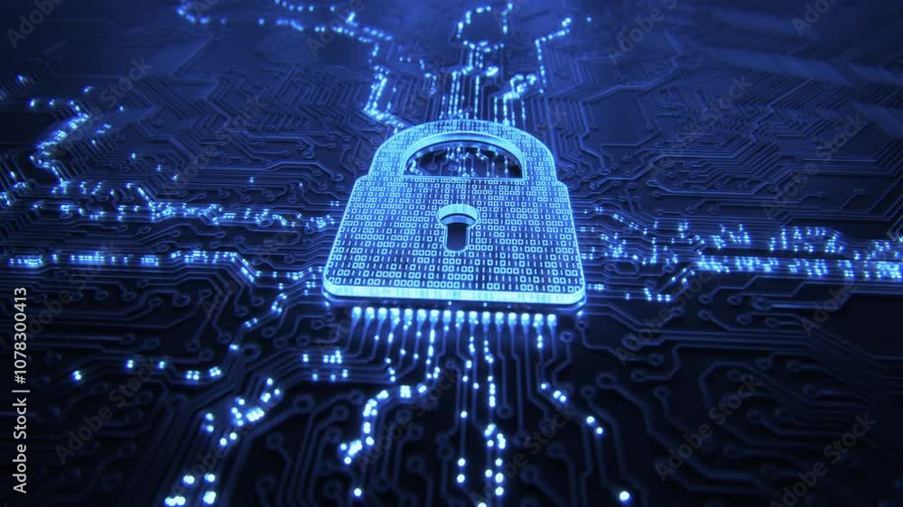 Poster digital security hologram of virtual lock icon on circuit board. concept of finance data privacy and