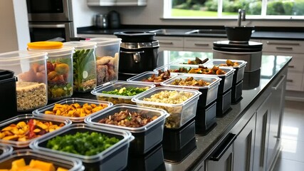 An organized meal prep setup with a row of Tupperware containers filled with vibrant, healthy foods like roasted vegetables, lean proteins, and whole grains, ready for a week of nu