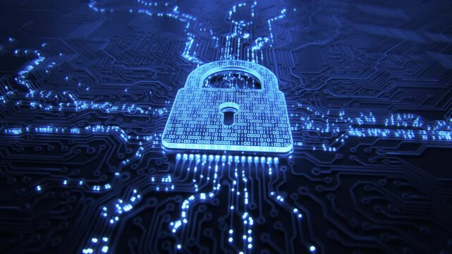 Digital security hologram of virtual lock icon on circuit board. Concept of finance data privacy and VPN service protection. Blockchain and secure crypto wallet background. Private cloud storage