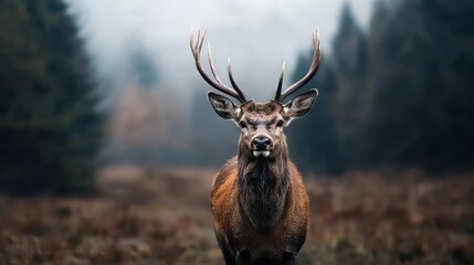 Front-facing stag with impressive antlers displayed proudly on a white background, ideal for natural, bold branding concepts.