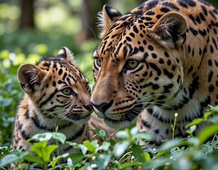 Fototapeta premium Jaguar mother and her cub sharing a tender moment in a lush green jungle