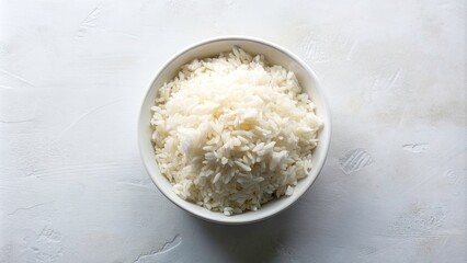 Aerial View of a Bowl of Boiled Rice Isolated on White Background - Perfect for Food Photography, Culinary Arts, Asian Cuisine, Healthy Eating, and Stock Image Needs