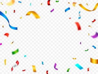 Colorful confetti on transparent background. Confetti and Colorful ribbons isolated for Anniversary, Birthday party, Christmas, Carnival festivity, Holiday party banner, confetti