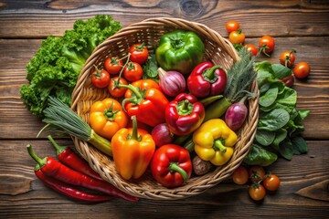 Aerial View of Fresh Vegetables in a Rustic Basket Display - Organic Produce, Healthy Eating, Farm to Table, Natural Ingredients, Rustic Decor, Fresh Harvest, Seasonal Veggies, Culinary Inspiration