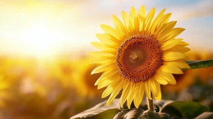 Obraz premium A vibrant sunflower stands tall against a glowing sunset, showcasing its bright yellow petals and rich brown center in a field of blooms.