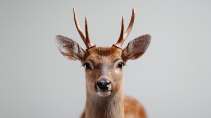 Detailed front view of a stag with intricate antlers against a white backdrop, conveying the strength and beauty of wildlife