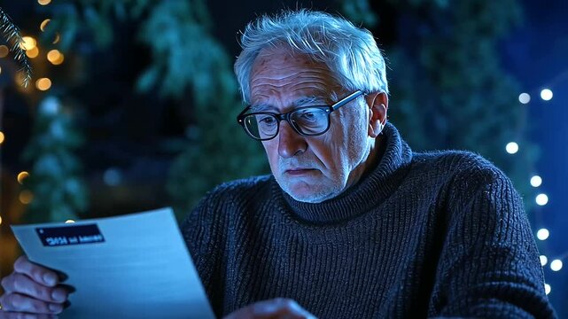 In a softly lit room, an elderly man with glasses holds his credit card, his hand hovering over the laptop keyboard, uncertain of the legitimacy of an online purchase, symbolizing