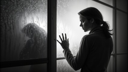Woman Looking Out at Rainy Window in Black and White