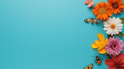 Fototapeta premium Colorful Flowers and Butterflies on Blue Background
