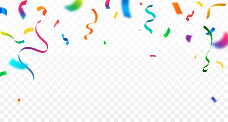Colorful ribbons and confetti. Can be separated from a transparent background. Confetti flying for celebration party banner. Falling shiny Colorful confetti isolated