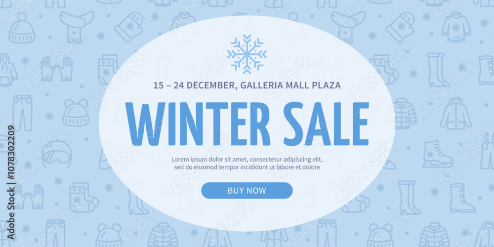 Wall mural Winter Sale Concept Horizontal Invitation Placard Poster Banner Card Template with Different Clothes Icons. Vector illustration