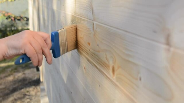 A hand holding a paintbrush applies wood primer to a wooden wall outdoors, performing protective painting work to enhance and preserve the surface