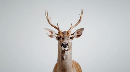 Naklejka premium Illustration of a stag facing forward, with impressive antlers reaching upward, set against a bright white background, perfect for natural elegance