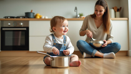 Fototapeta premium Happy Baby Playing in the Kitchen with Mom