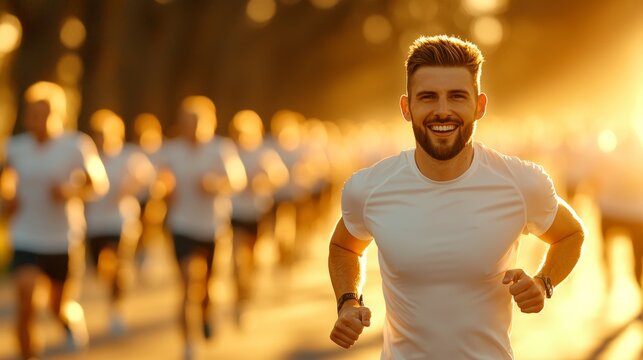 A joyful runner leads a group in a sunlit outdoor marathon, embodying fitness and motivation during a vibrant morning run.