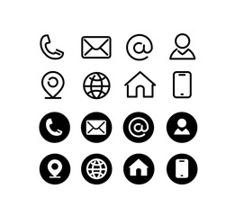 Different Types Black Contact Information Icons Thin Line and Flat Style Set for Business Cards, Application. Vector illustration