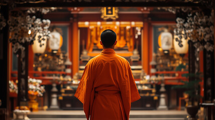 Fototapeta premium 寺院の祭壇に向かう日本人僧侶の後ろ姿