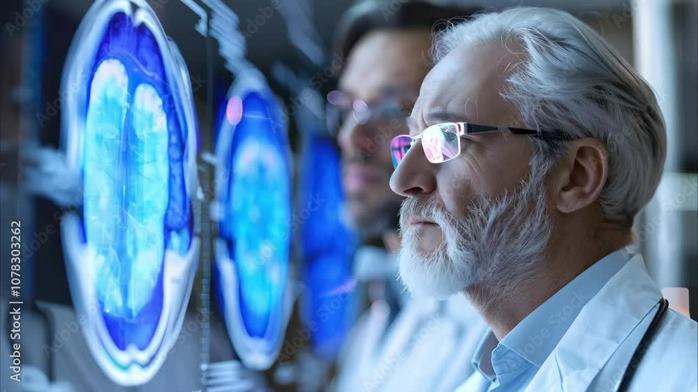 Poster two scientists are examining brain scans displayed on a screen, highlighting areas of interest with 