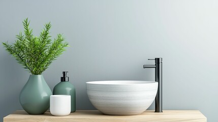 A modern bathroom countertop featuring a plant, elegant soap dispenser, and a stylish bowl sink, all against a minimalist wall.