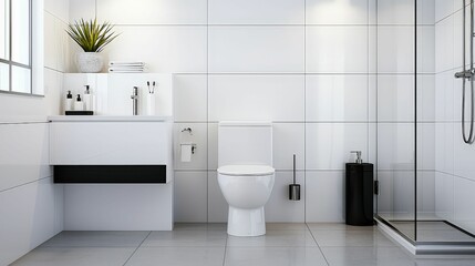 Fototapeta premium A modern, minimalist bathroom featuring a sleek toilet, glass shower, and stylish sink area with green accents.