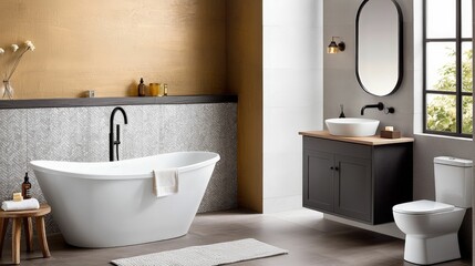 A modern bathroom featuring a freestanding tub, stylish sink, and a contemporary design with earthy tones and natural light.