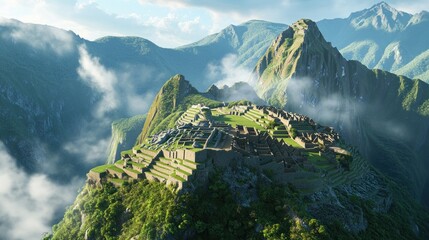 A breathtaking view of Machu Picchu at sunrise, with ancient Incan ruins emerging from the mist and surrounded by lush green mountains