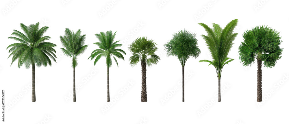 Poster a row of palm trees are shown in various sizes and positions. transparent background