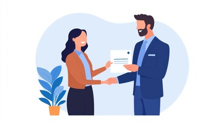 A man hands a document to a woman, symbolizing a professional interaction or agreement, with a plant in the background.