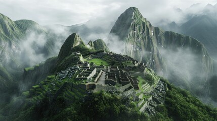 A breathtaking view of Machu Picchu at sunrise, with ancient Incan ruins emerging from the mist and surrounded by lush green mountains