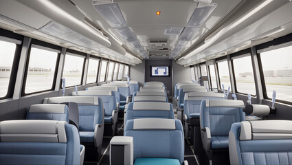 Naklejka premium A light-colored bus interior with tan seats, windows, and a light gray/beige floor.